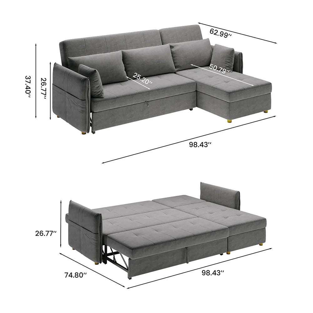 3 Seater Fold Out Sofa cum Bed In Grey Colour