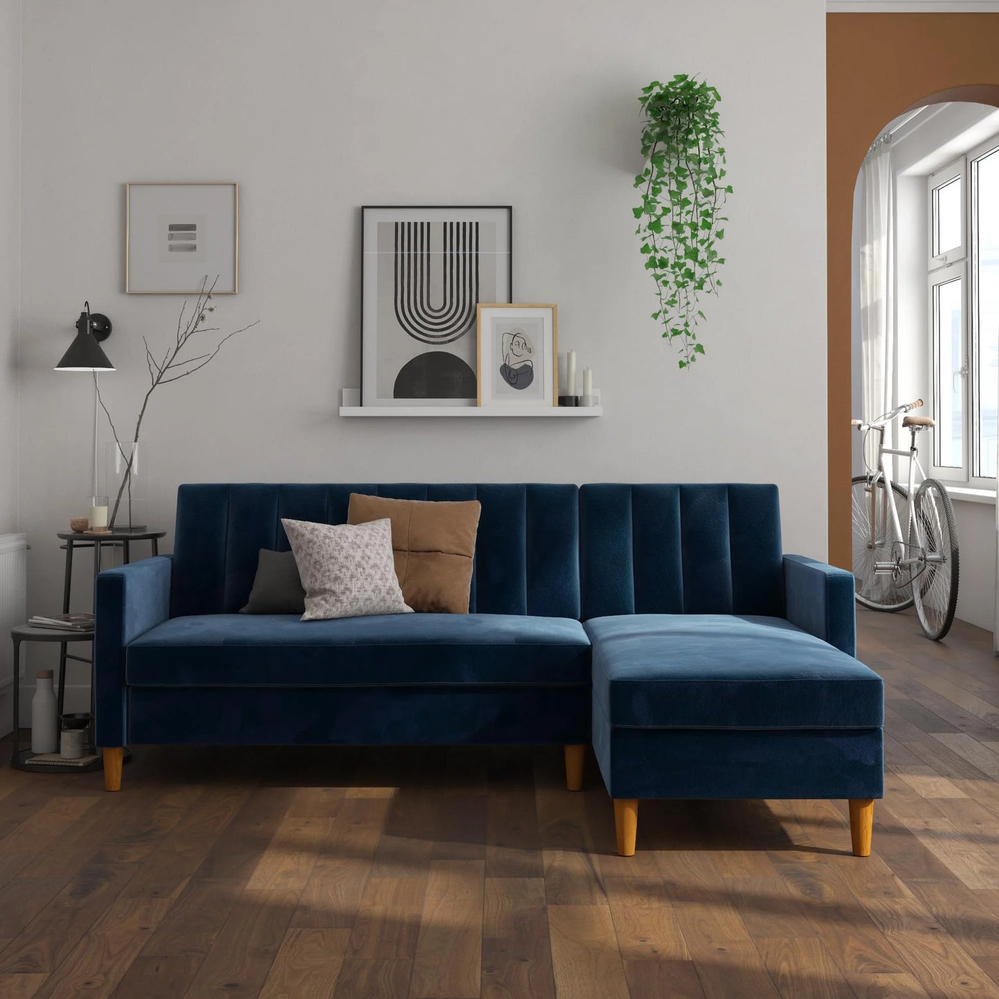 Reversible Sectional Futon with Storage, Reclining Couch, Navy Velvet