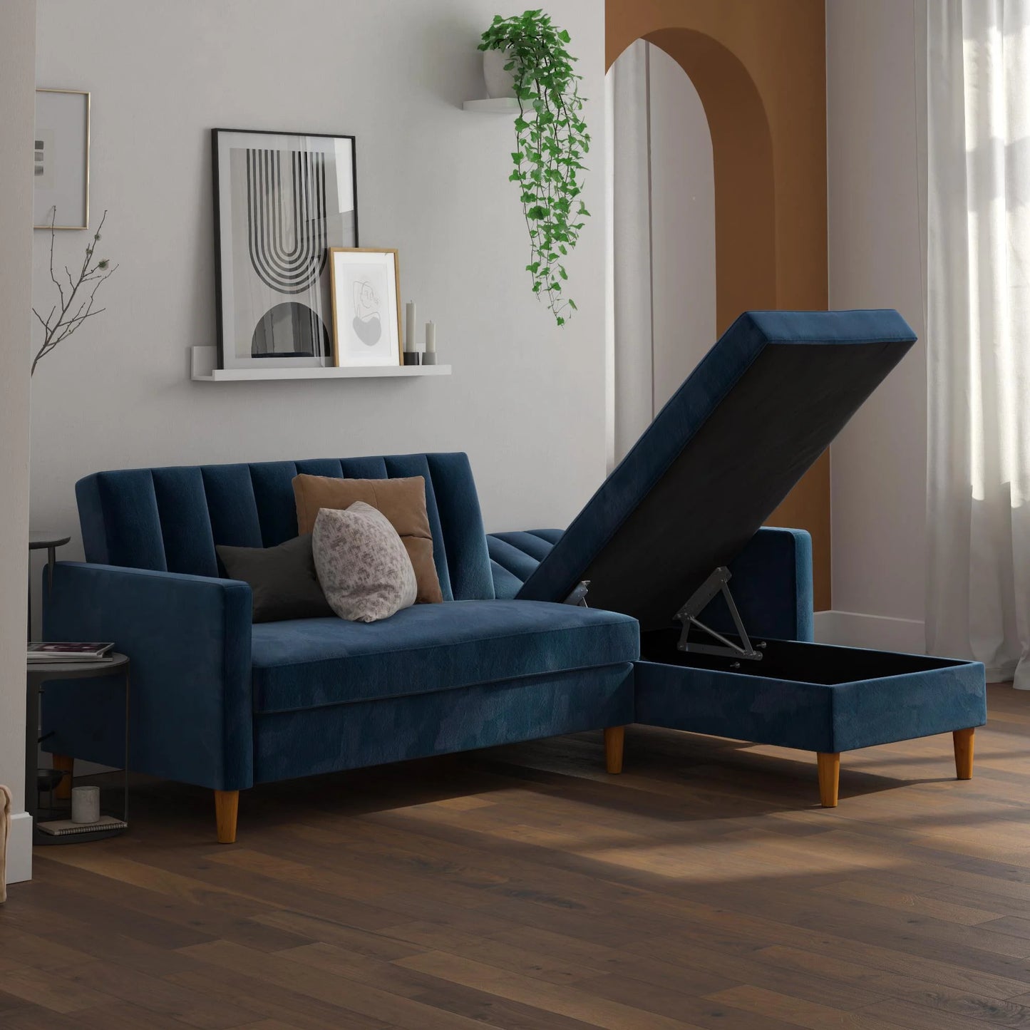 Reversible Sectional Futon with Storage, Reclining Couch, Navy Velvet