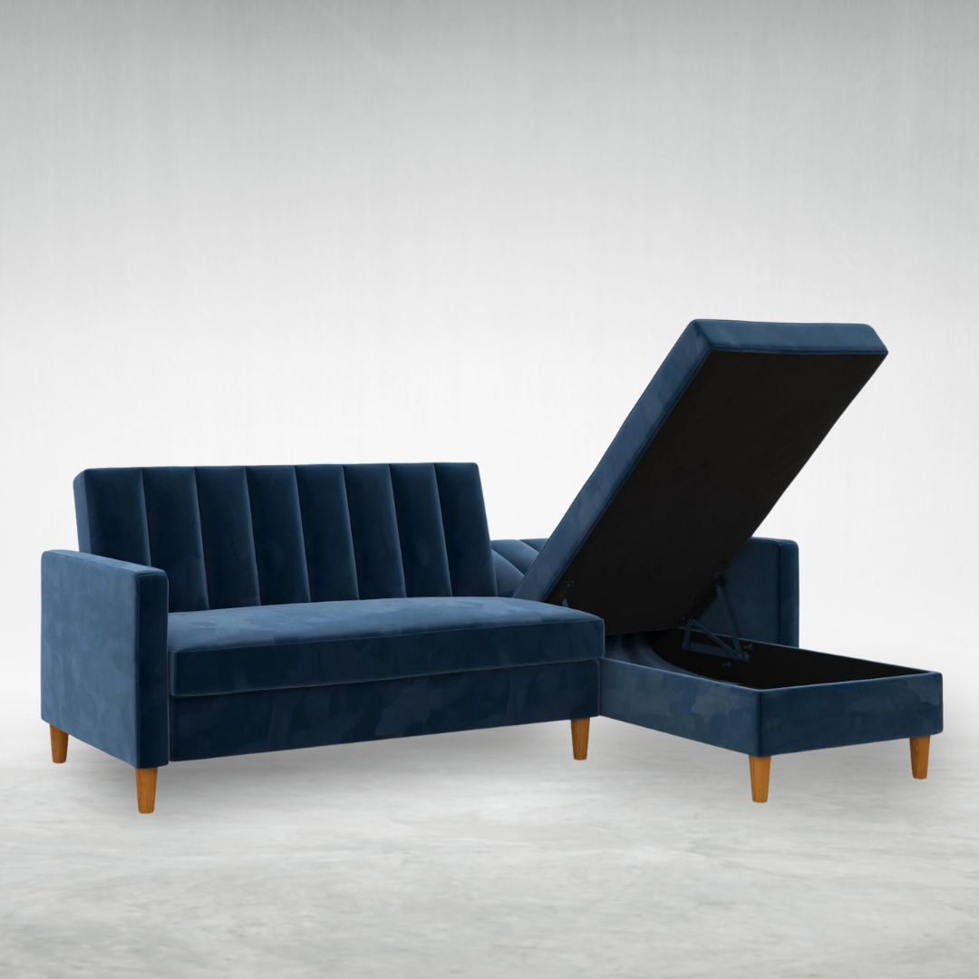 Reversible Sectional Futon with Storage, Reclining Couch, Navy Velvet