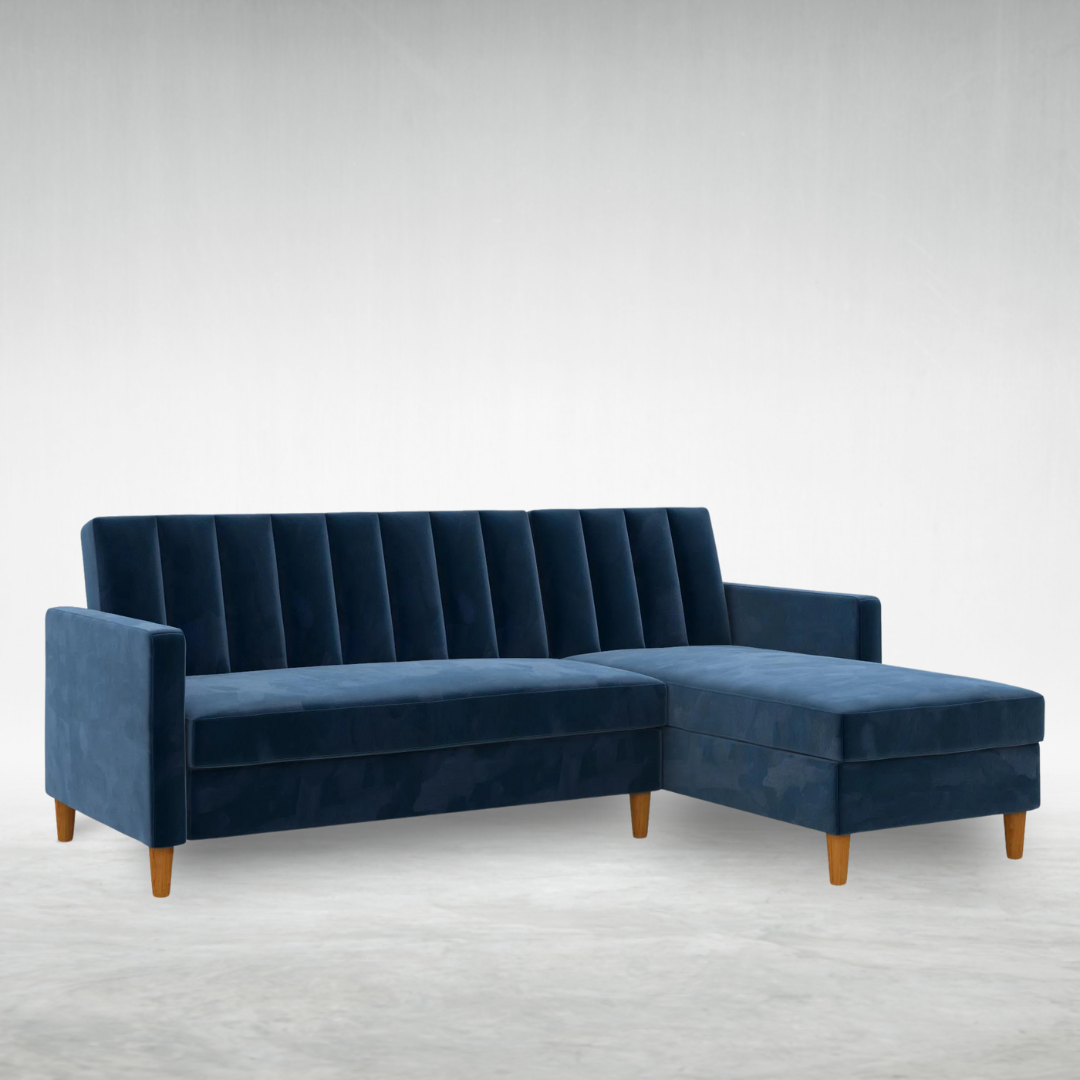 Reversible Sectional Futon with Storage, Reclining Couch, Navy Velvet