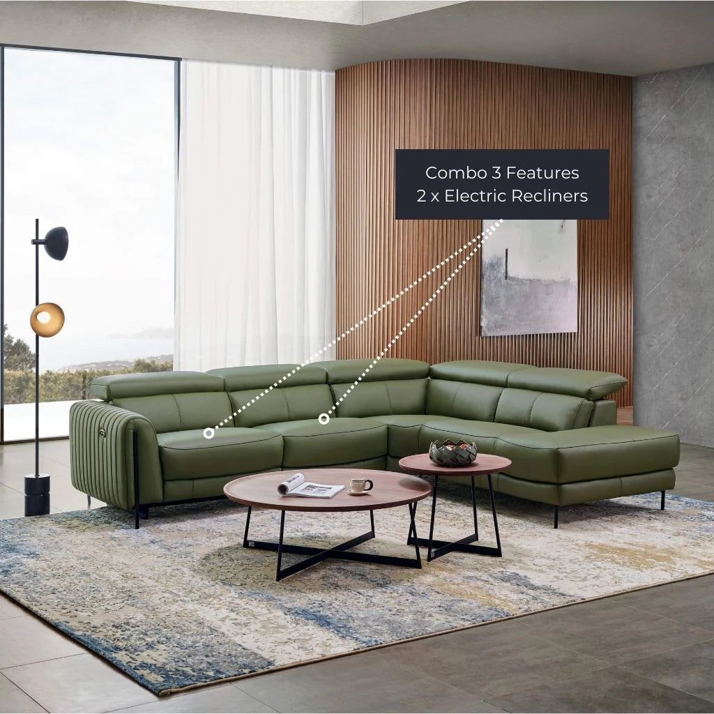 BOSTON - Italian Leather Corner Sofa with Recliner & adjustable head rest