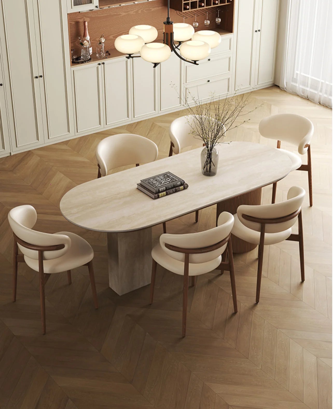 Travertine Sintered Stone and Wood Dining Table