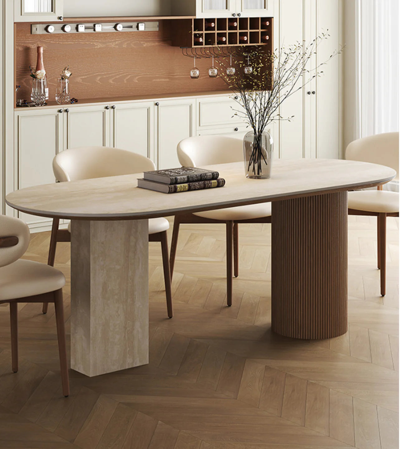 Travertine Sintered Stone and Wood Dining Table