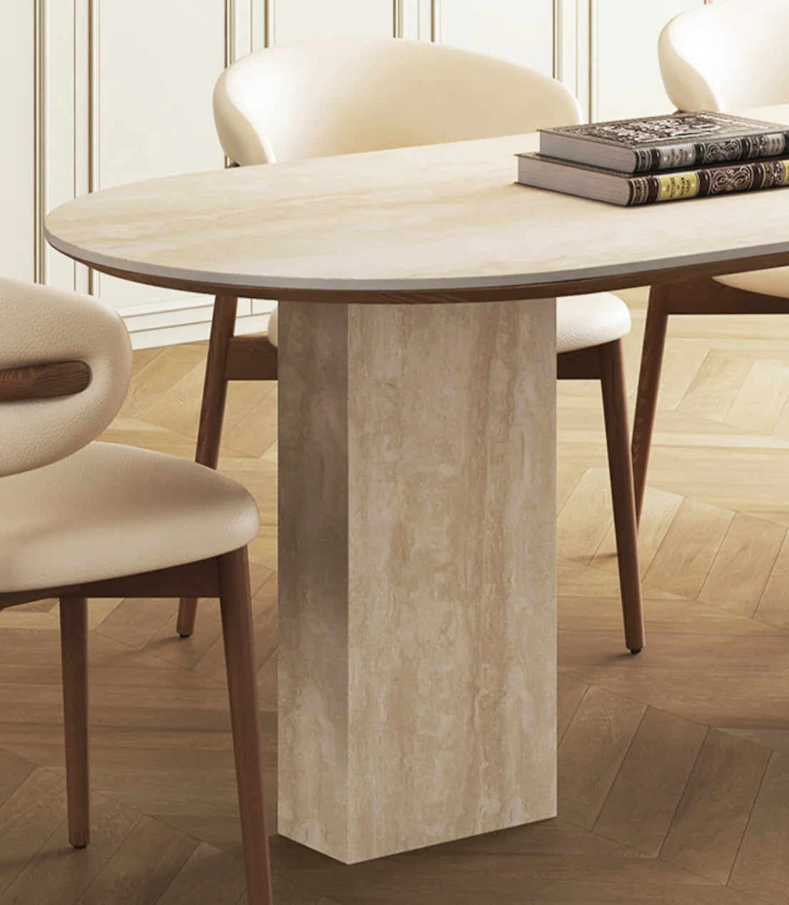 Travertine Sintered Stone and Wood Dining Table