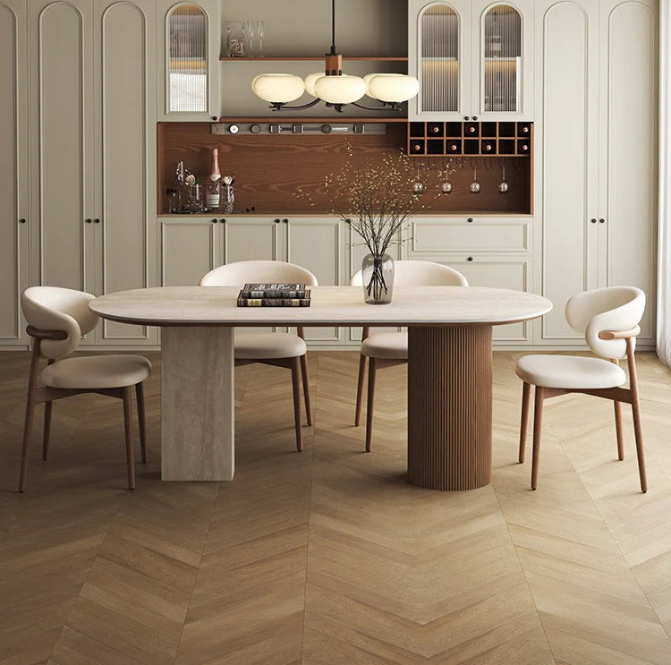 Travertine Sintered Stone and Wood Dining Table