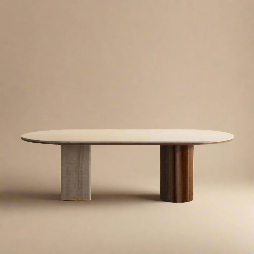 Travertine Sintered Stone and Wood Dining Table