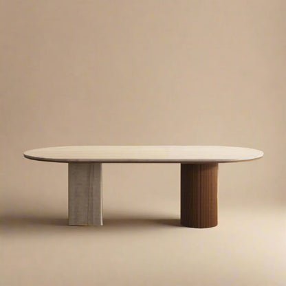 Travertine Sintered Stone and Wood Dining Table