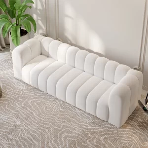 Modern White Velvet 3-Seater Sofa Channel Tufted Upholstered Luxury Solid Wood