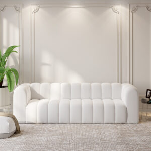 Modern White Velvet 3-Seater Sofa Channel Tufted Upholstered Luxury Solid Wood