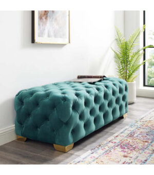 Teal Green All Over Velvet Tufted Bench Gold Feet